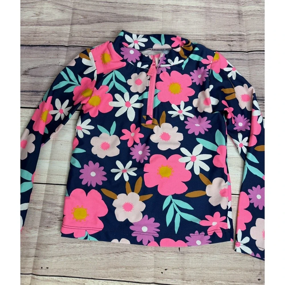 Carter's Girls Floral Long Sleeve Rash Guard Swim Top Zipper Navy Pink 4/4A